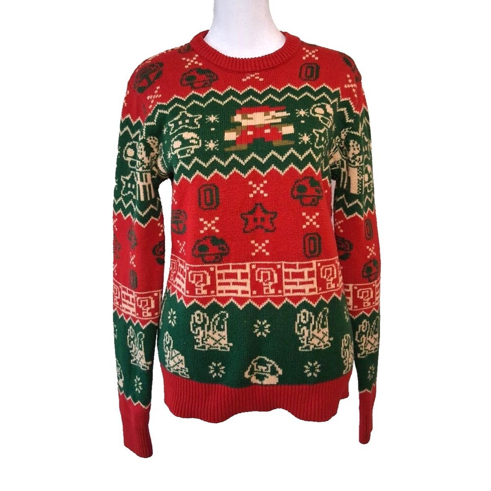 Super Mario Brothers Sweater Mens Medium Red Green Christmas Nintendo Think Geek